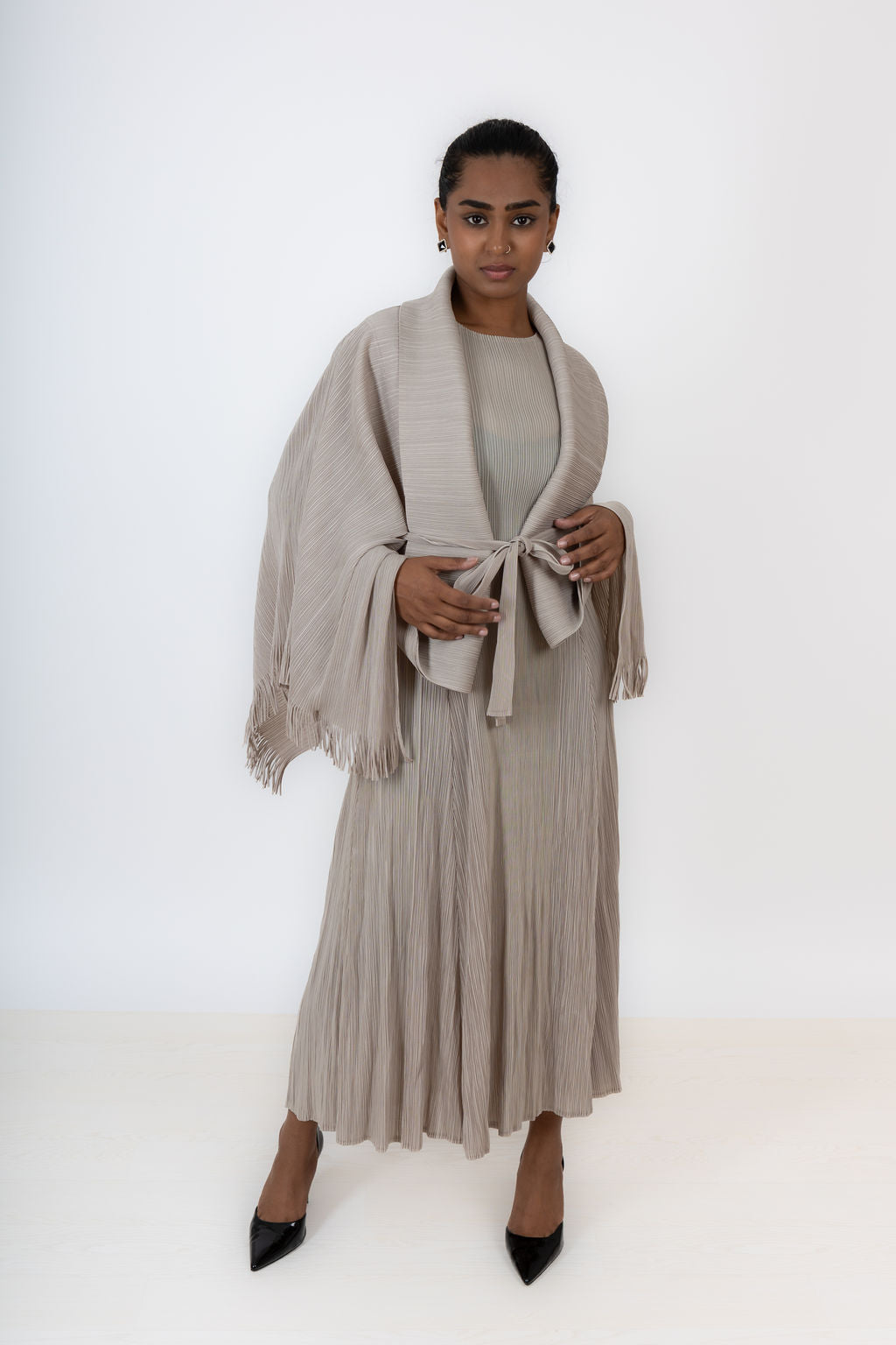 Beige Two Piece Tassel Lace Up Top and Sleeveless Vest Dress