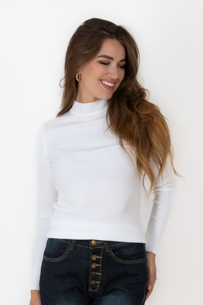 White Ribbed Polo Neck