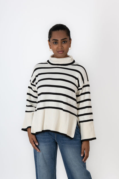 White Striped Turtle Neck Sweater