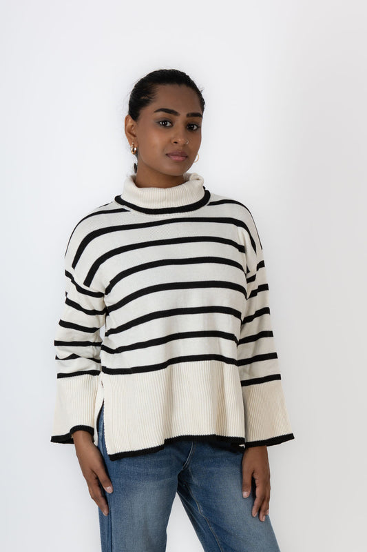 White Striped Turtle Neck Sweater