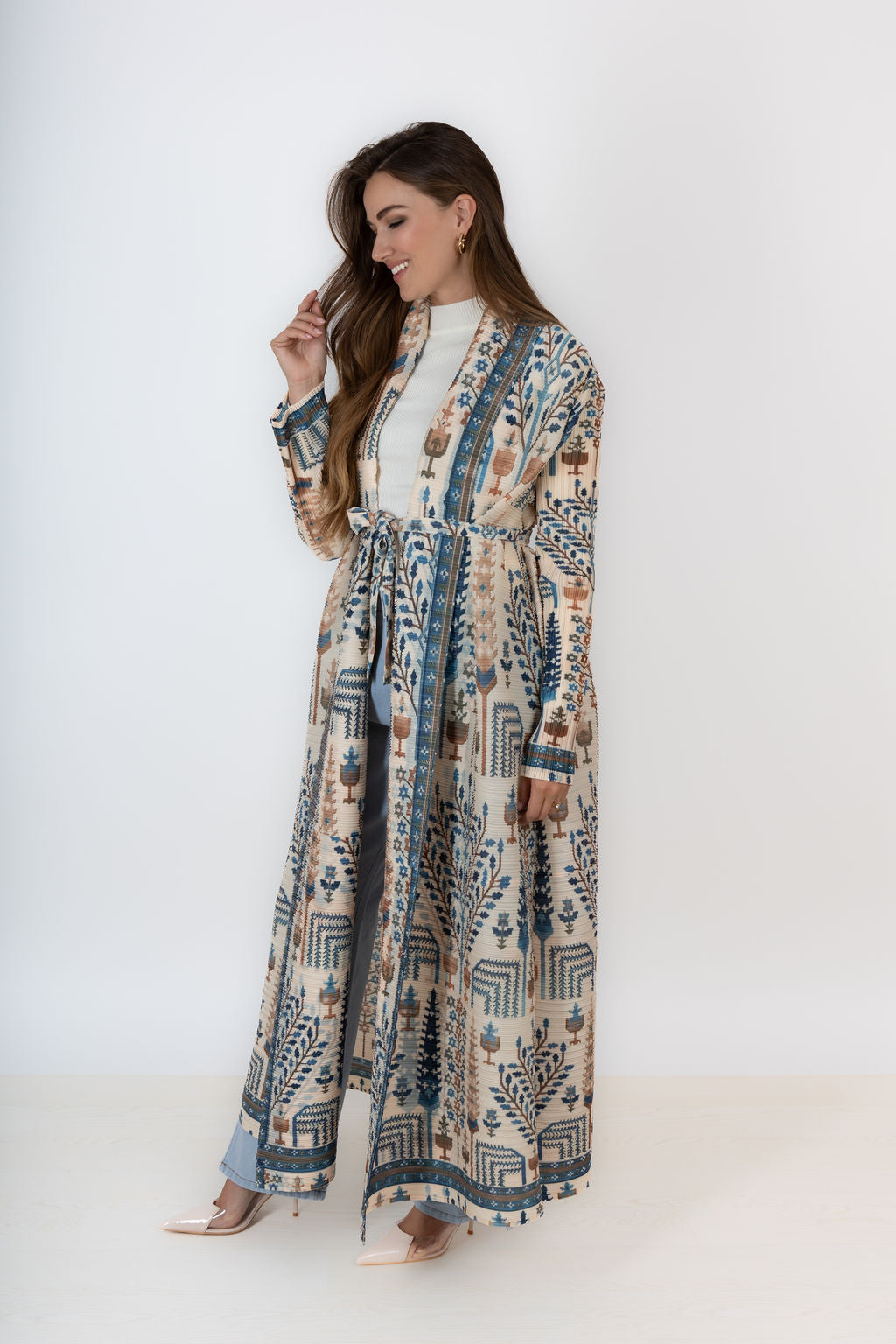 Open Front Belted Pleated Abaya