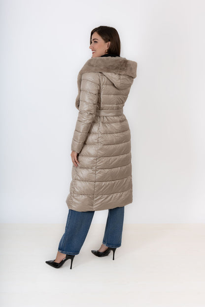 Beige Puffer Coat With Faux Fur