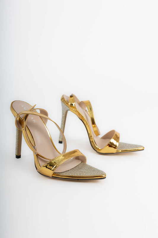 Gold Cross Strap Peep Toe Heel