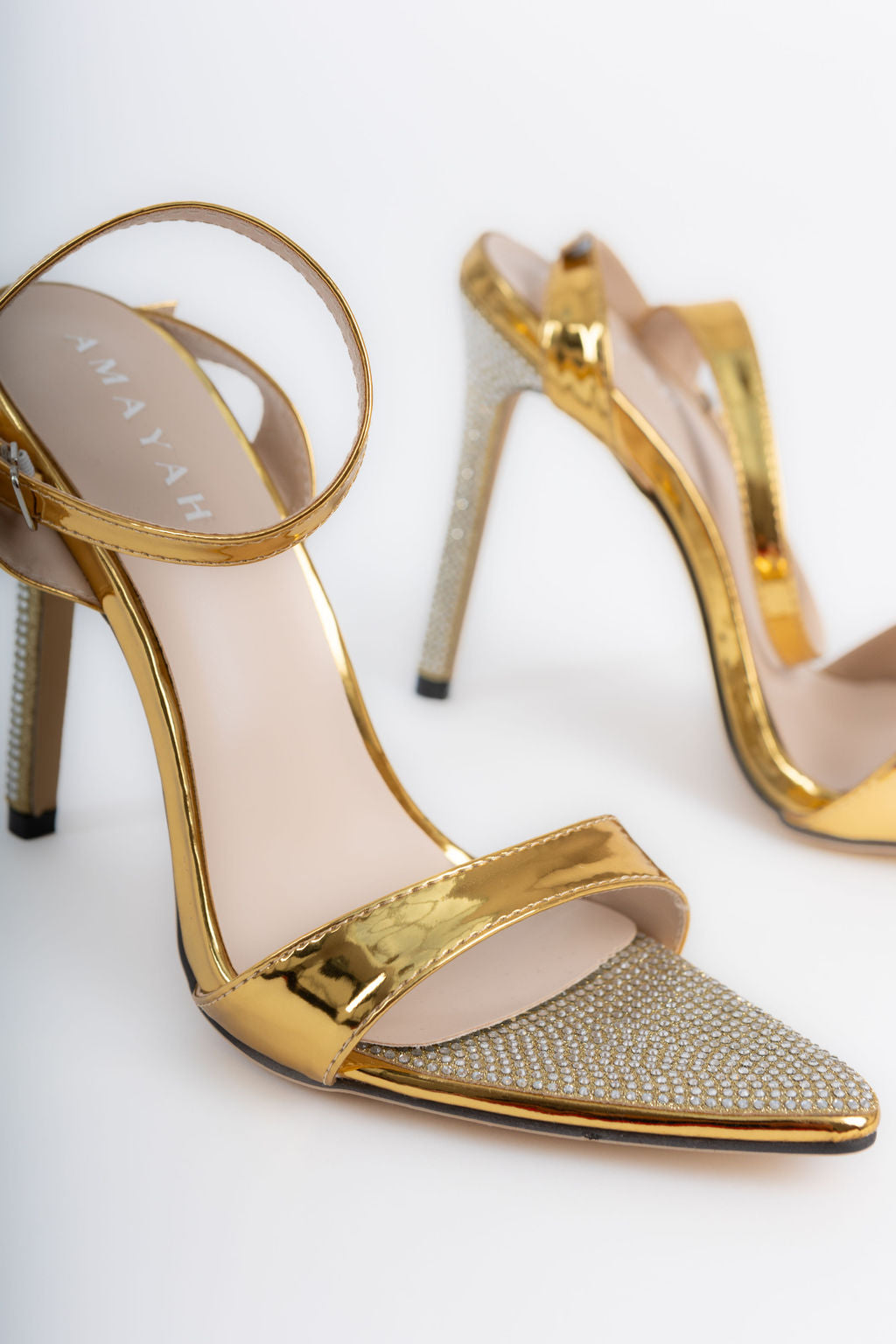 Gold Cross Strap Peep Toe Heel