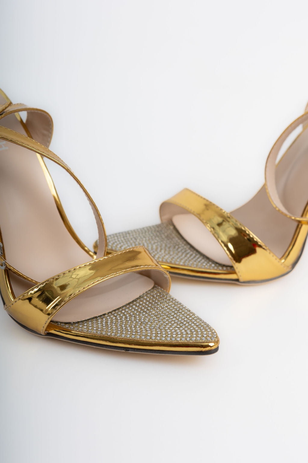 Gold Cross Strap Peep Toe Heel