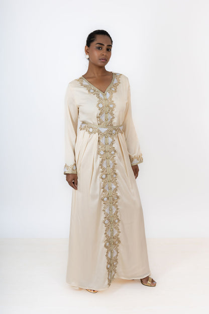 Cream Satin Embroidered Abaya