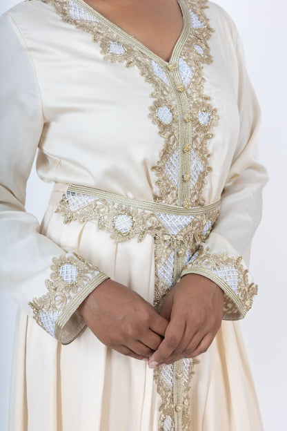 Cream Satin Embroidered Abaya