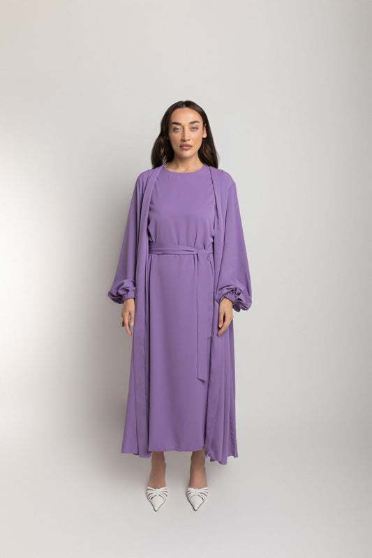 Purple Open Belted Abaya With Vest