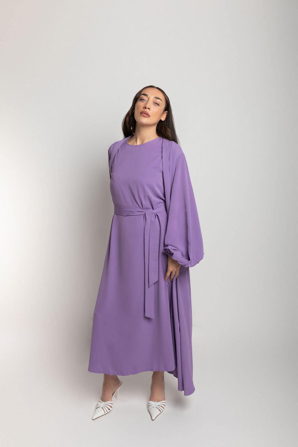 Purple Open Belted Abaya With Vest