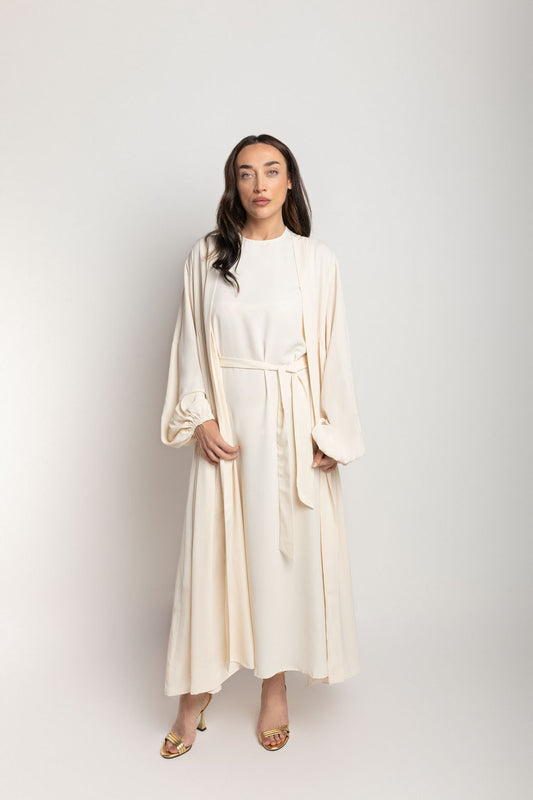 Cream Open Belted Abaya With Vest